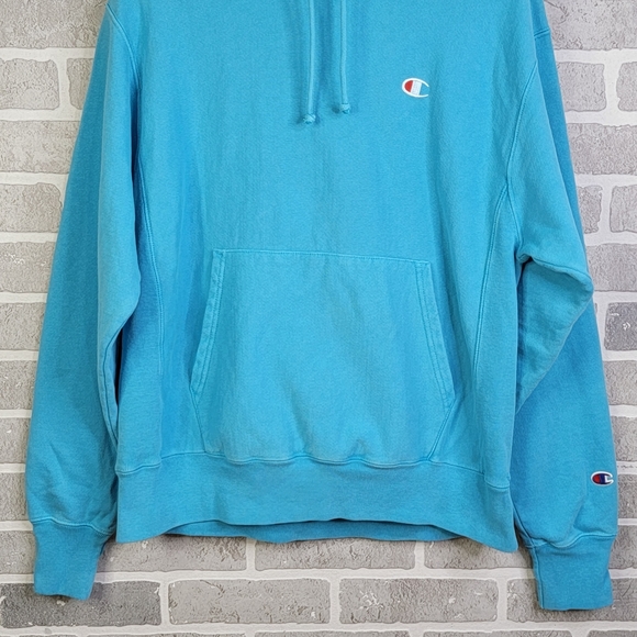 Champion Reverse Weave Y2K Light Blue Spell Out Hoodie Hooded Sweatshirt Men's M - Picture 2 of 16